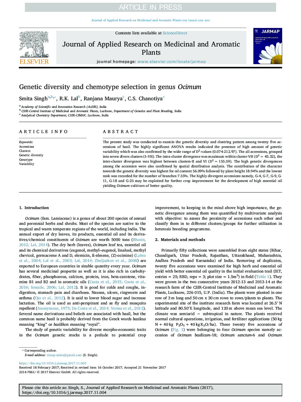 Genetic diversity and chemotype selection in genus Ocimum