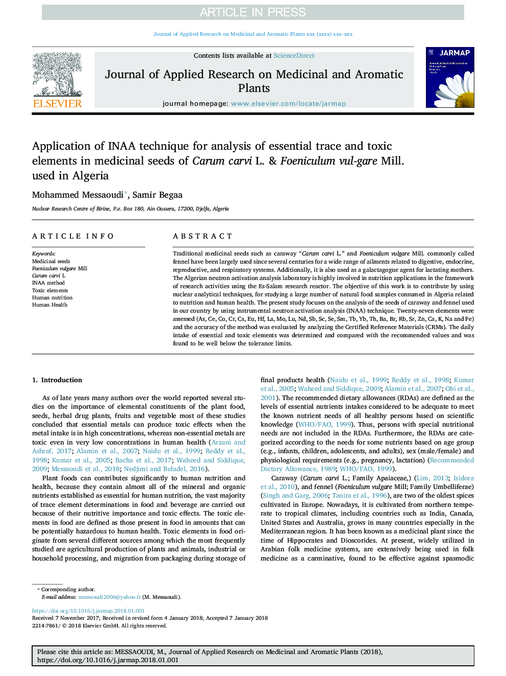 Application of INAA technique for analysis of essential trace and toxic elements in medicinal seeds of Carum carvi L. & Foeniculum vul-gare Mill. used in Algeria