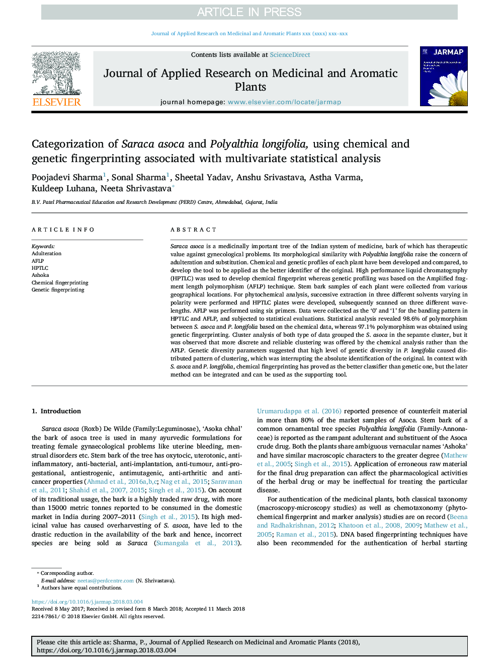 Categorization of Saraca asoca and Polyalthia longifolia, using chemical and genetic fingerprinting associated with multivariate statistical analysis