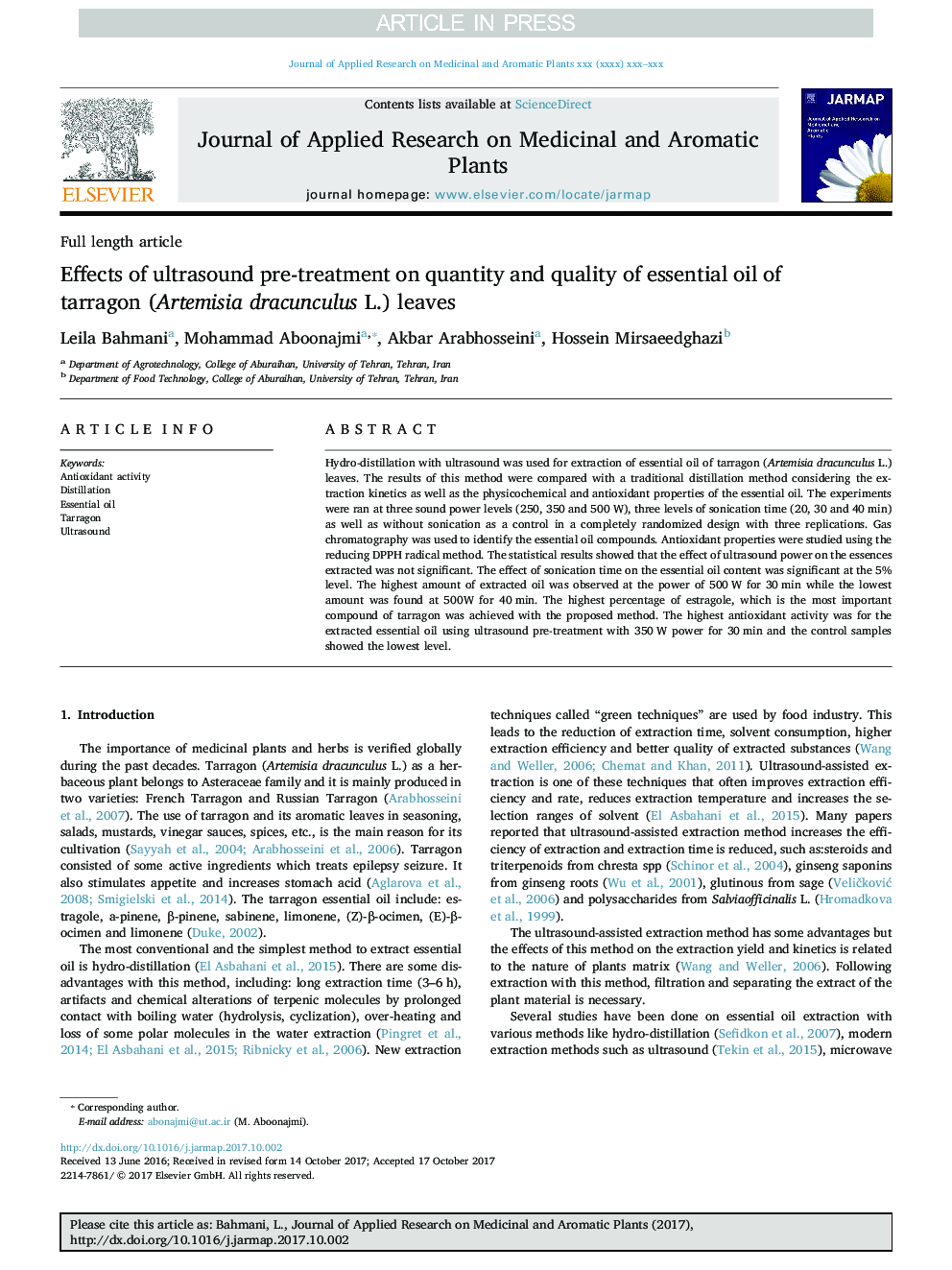 Effects of ultrasound pre-treatment on quantity and quality of essential oil of tarragon (Artemisia dracunculus L.) leaves