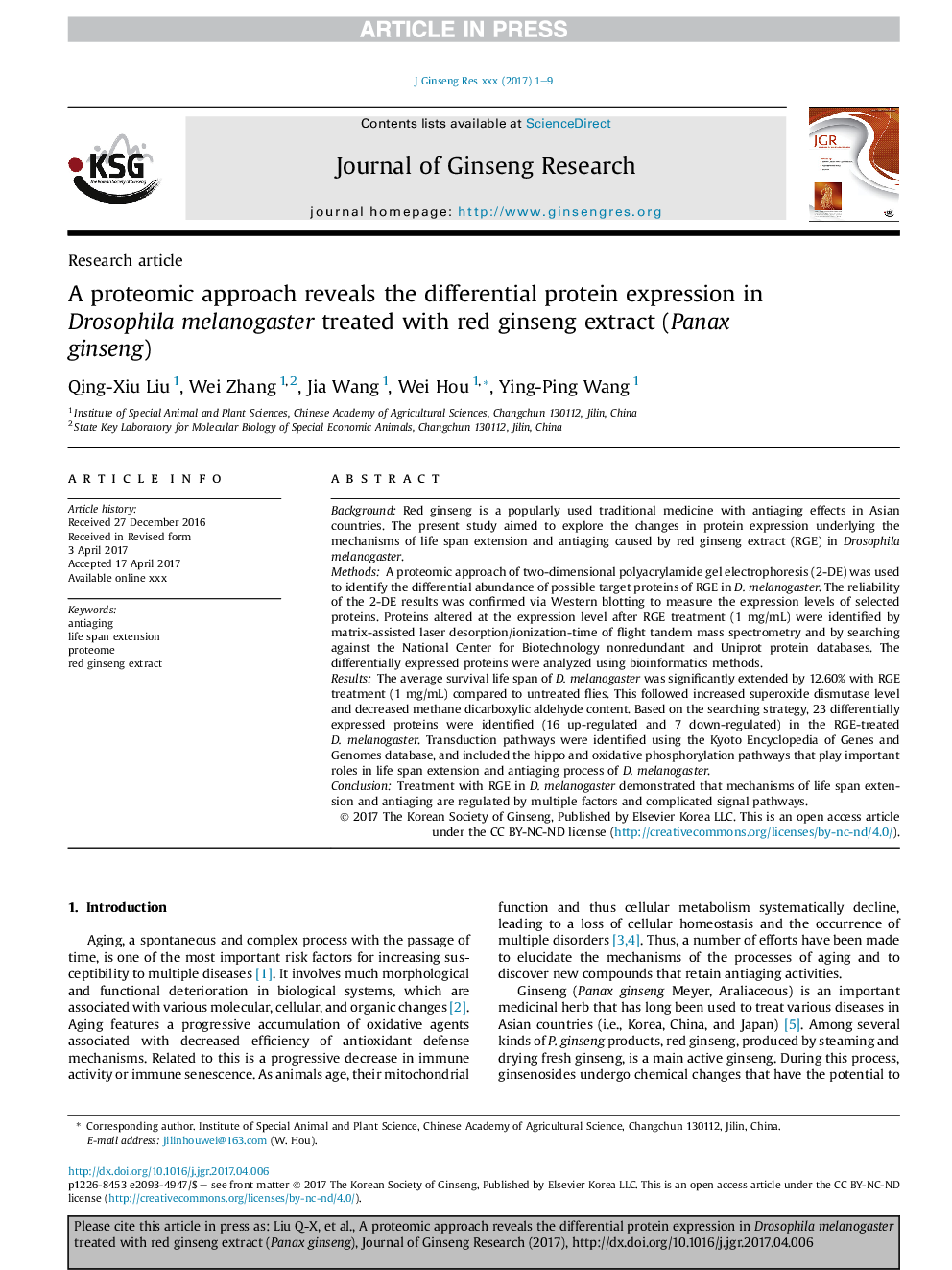 A proteomic approach reveals the differential protein expression in Drosophila melanogaster treated with red ginseng extract (Panax ginseng)