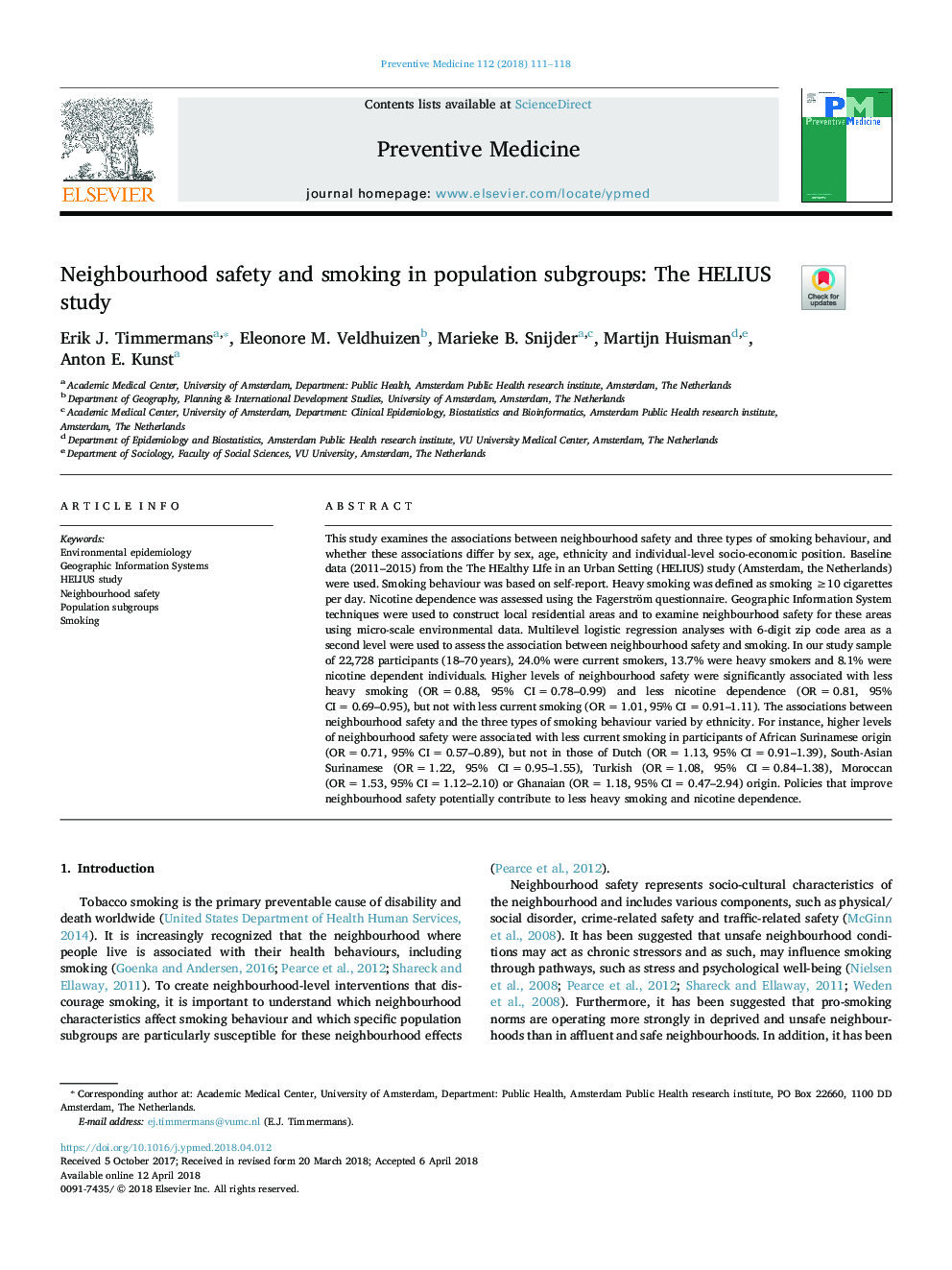 Neighbourhood safety and smoking in population subgroups: The HELIUS study