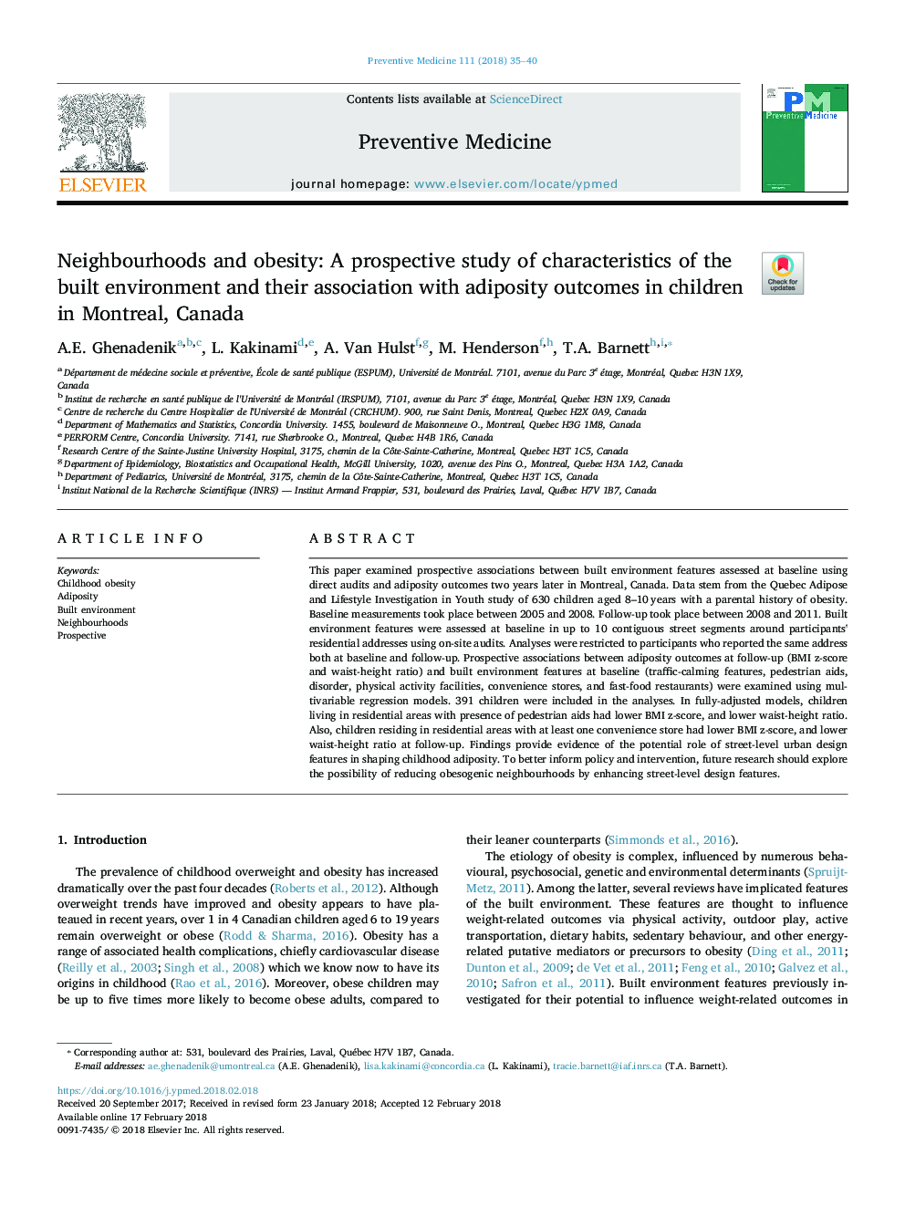 محله ها و چاقی: یک مطالعه آینده نگر از ویژگی های محیط زیست و ارتباط آن با پیامدهای چاقی در کودکان در مونترال، کانادا 