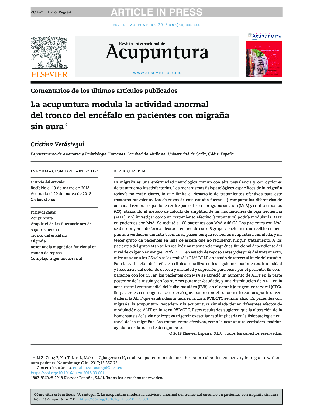 La acupuntura modula la actividad anormal del tronco del encéfalo en pacientes con migraña sin aura