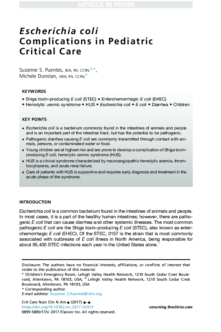 Escherichia coli Complications in Pediatric Critical Care