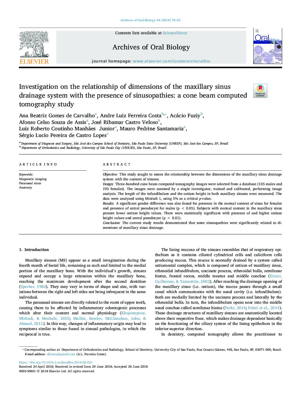 بررسی رابطه ابعاد سیستم تخلیه سینوس ماگزیلاری با حضور سینوزوپاتی: مطالعه توموگرافی پرتو مخروطی 