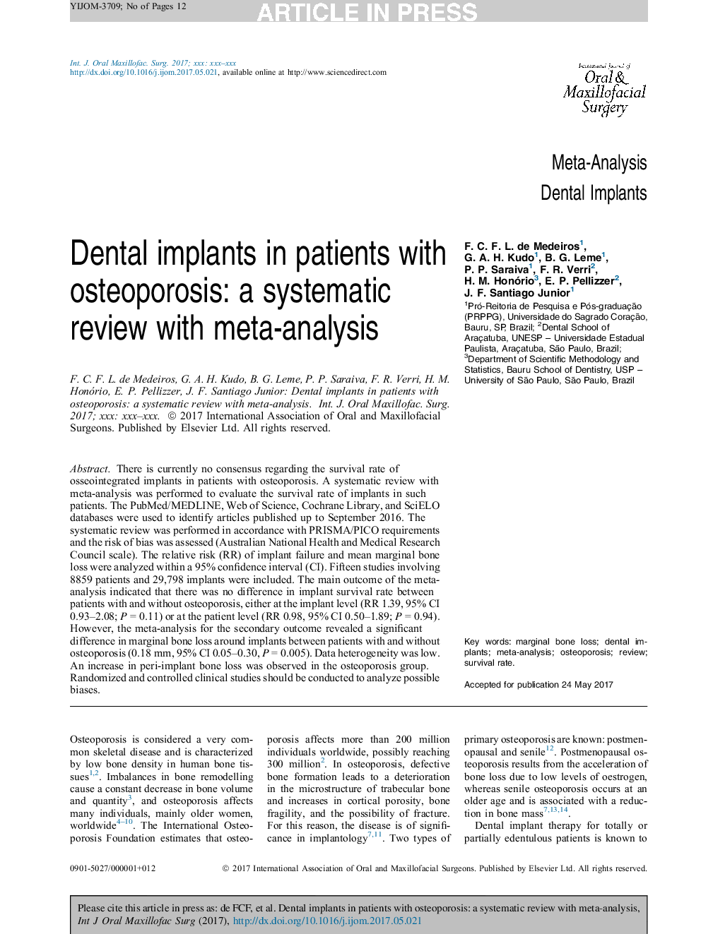 ایمپلنت های دندانی در بیماران مبتلا به پوکی استخوان: بررسی سیستماتیک با متاآنالیز 
