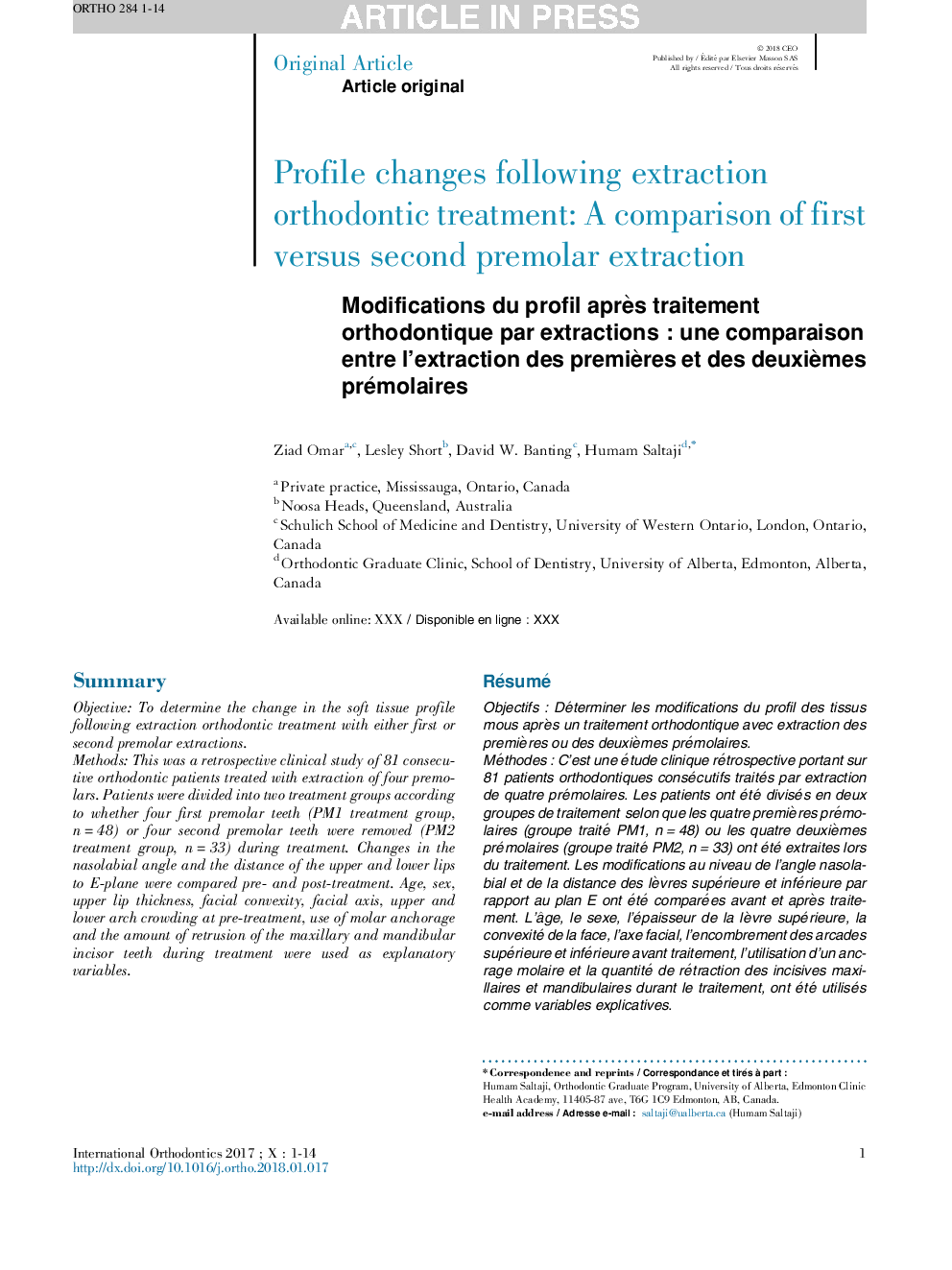 Modifications du profil aprÃ¨s traitement orthodontique par extractionsÂ : une comparaison entre l'extraction des premiÃ¨res et des deuxiÃ¨mes prémolaires