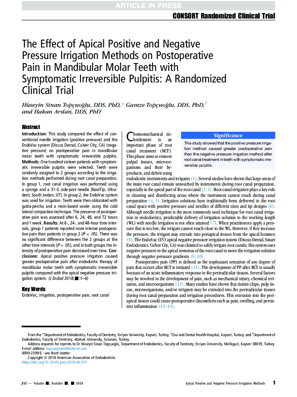 بررسی تأثیر روشهای آبیاری مثبت و منفی آپیکال بر درد پس از عمل در دندانهای مینا دندان مولار با پالپیت ناپایدار قابل علاج: یک آزمایش بالینی تصادفی 