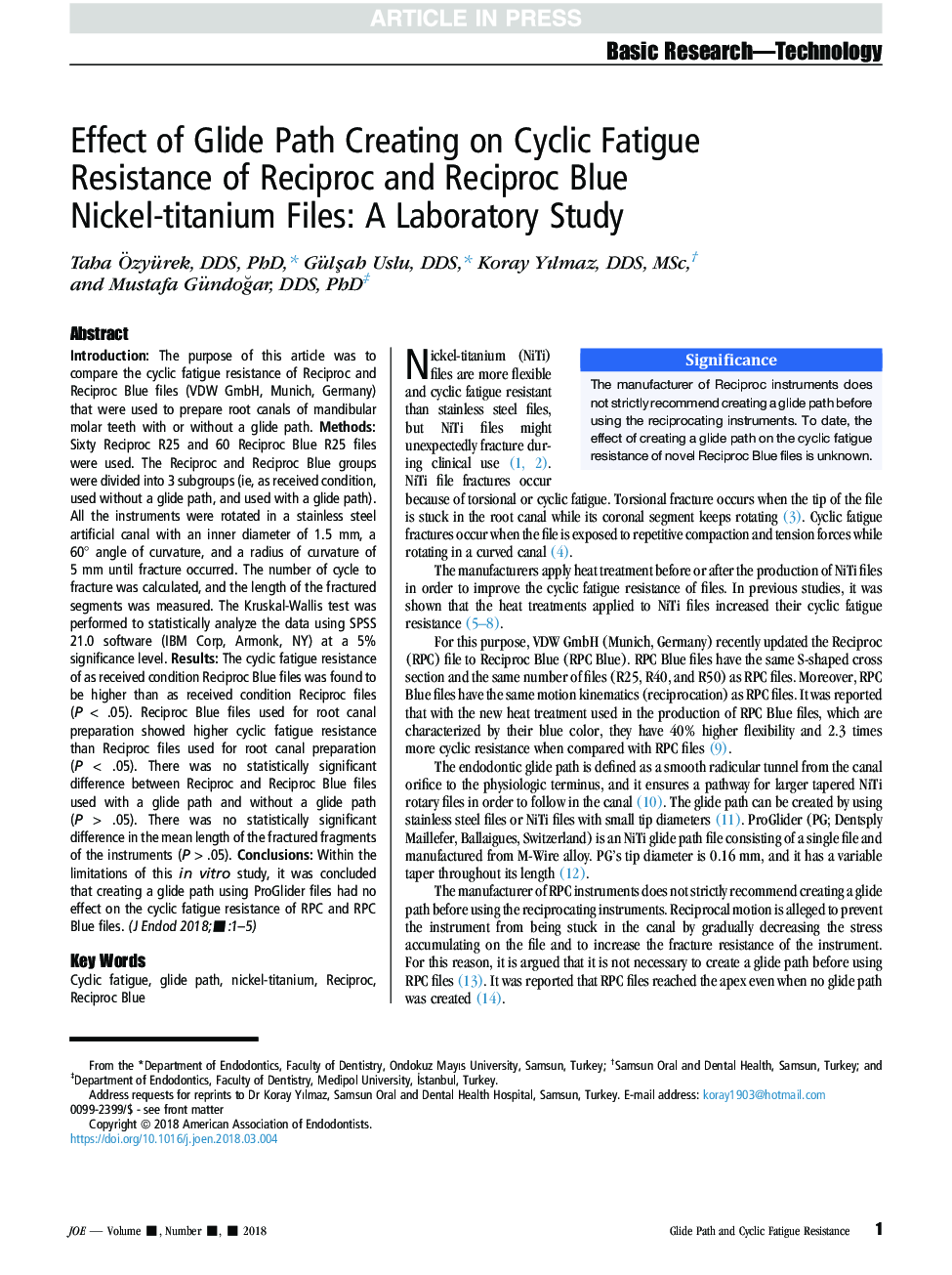 Effect of Glide Path Creating on Cyclic Fatigue Resistance of Reciproc and Reciproc Blue Nickel-titanium Files: A Laboratory Study