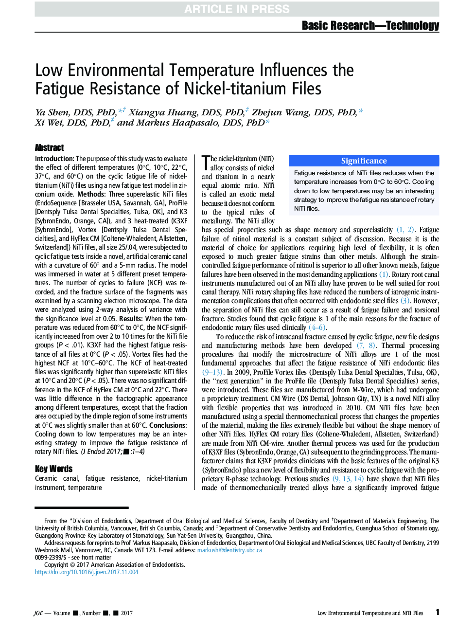 تاثیرات کم دما محیط بر مقاومت خستگی فایلهای نیکل تیتانیوم 