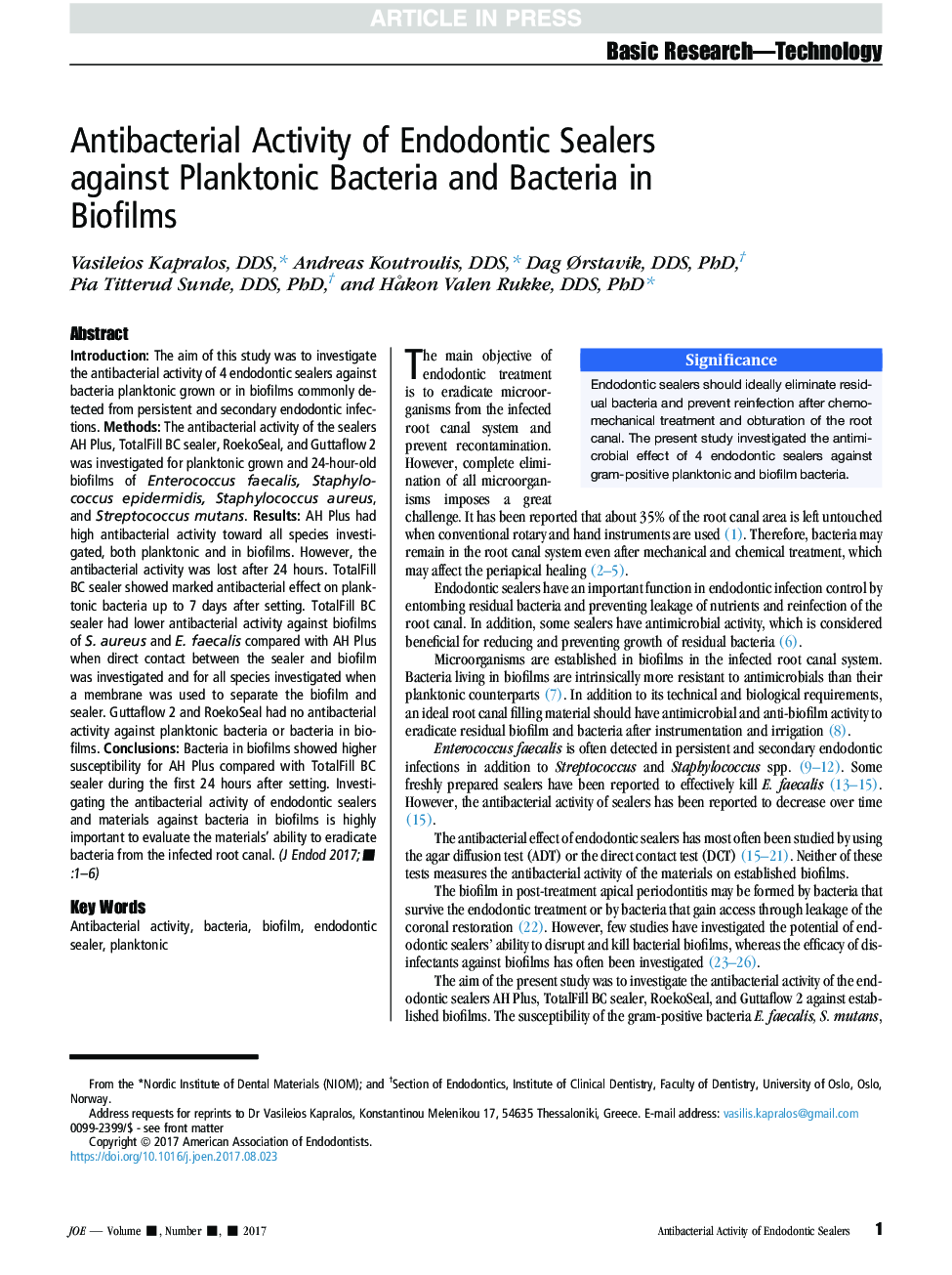 فعالیت ضدباکتریایی درزگیرهای اندودنتیکس در برابر باکتری‌های پلانکتونیک و باکتری‌ها در بیوفیلم‌ها