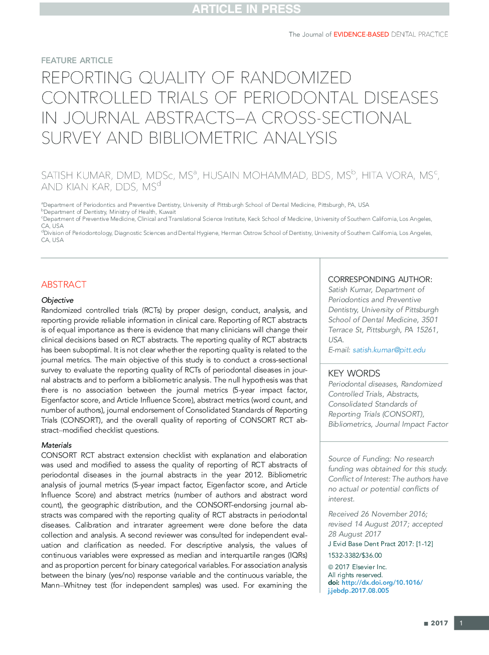 کیفیت گزارشدهی تصادفی کنترل شده بیماری های پریودنتال در خلاصه های نشریات - مقطعی، مقطعی و تحلیل کتابشناختی 