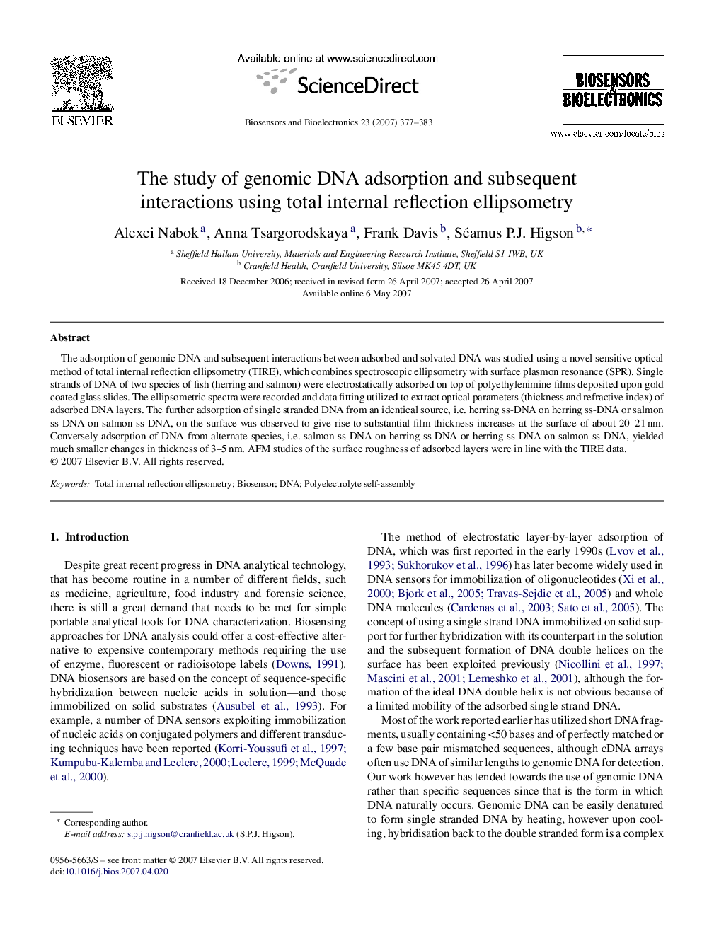 The study of genomic DNA adsorption and subsequent interactions using total internal reflection ellipsometry