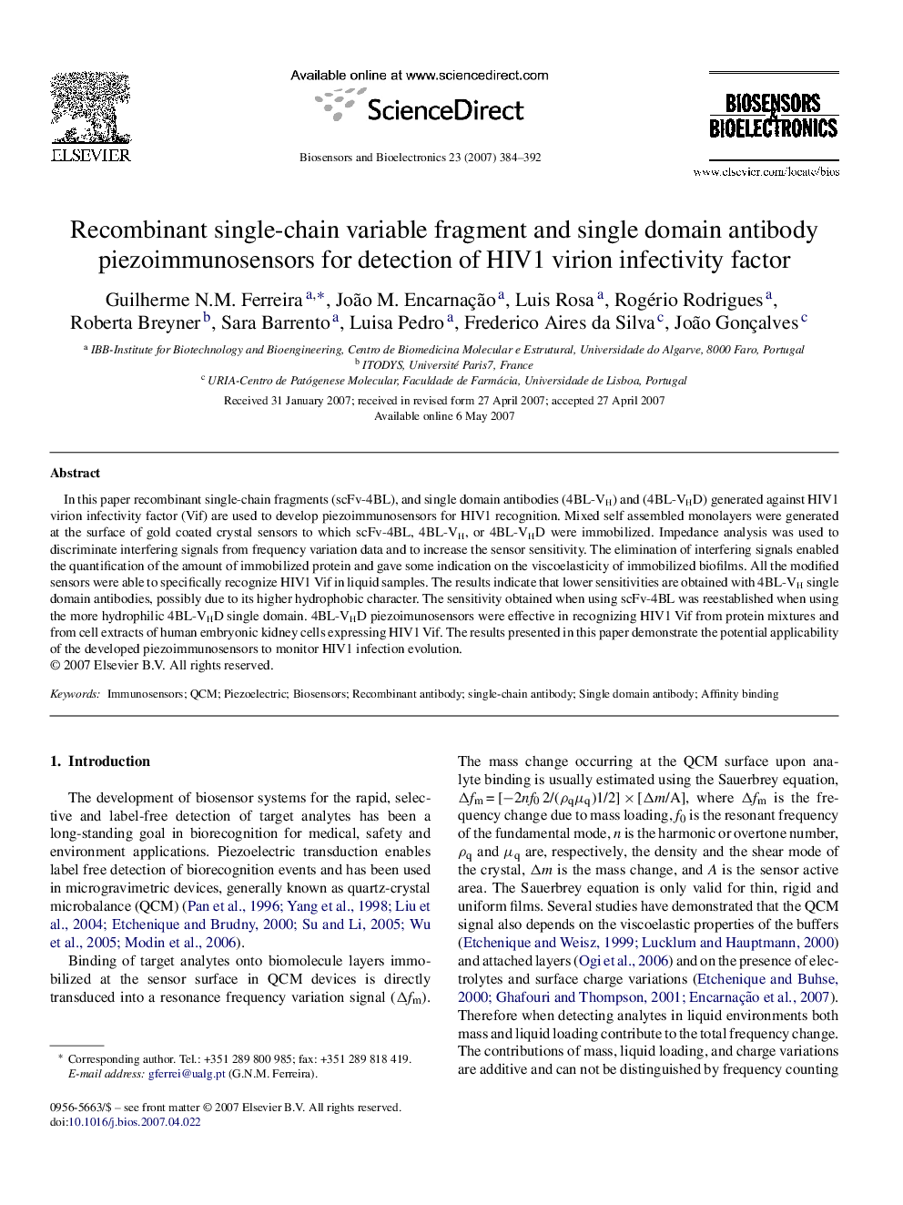 Recombinant single-chain variable fragment and single domain antibody piezoimmunosensors for detection of HIV1 virion infectivity factor