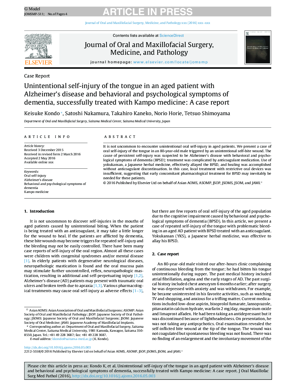 Unintentional self-injury of the tongue in an aged patient with Alzheimer's disease and behavioral and psychological symptoms of dementia, successfully treated with Kampo medicine: A case report