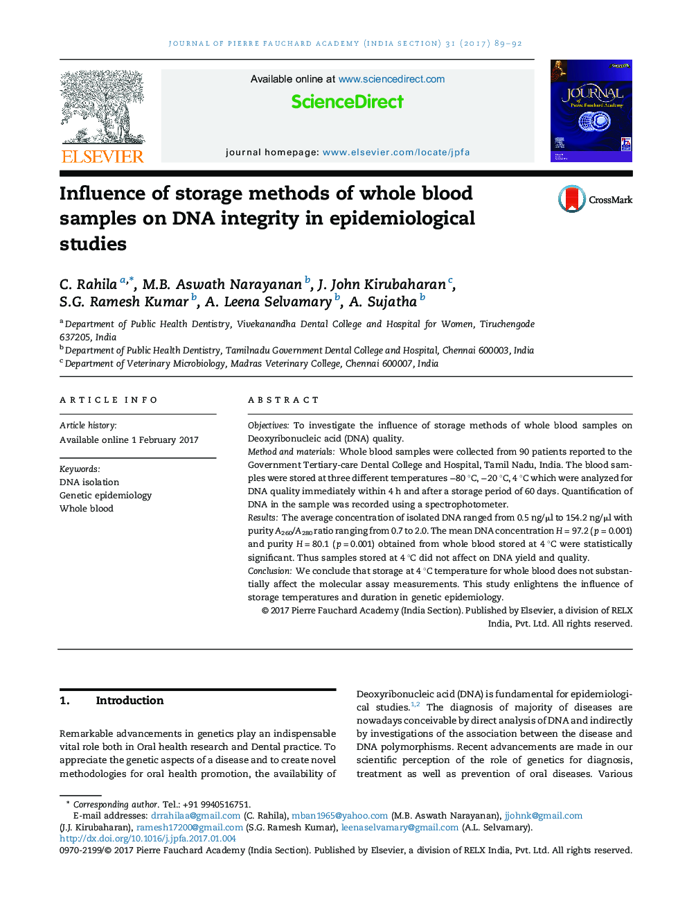 Influence of storage methods of whole blood samples on DNA integrity in epidemiological studies