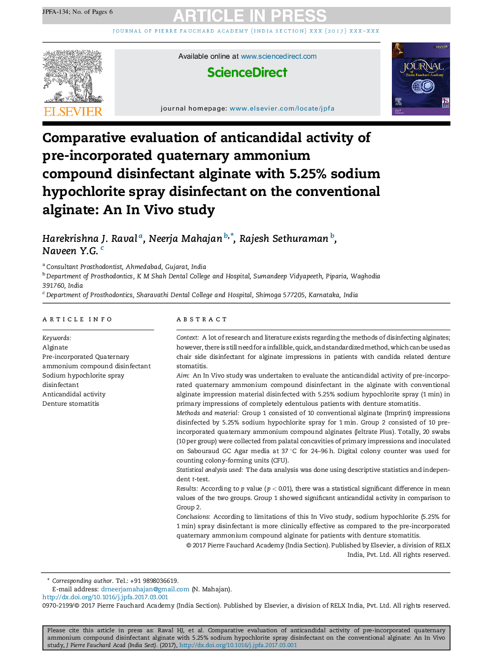 Comparative evaluation of anticandidal activity of pre-incorporated quaternary ammonium compound disinfectant alginate with 5.25% sodium hypochlorite spray disinfectant on the conventional alginate: An In Vivo study