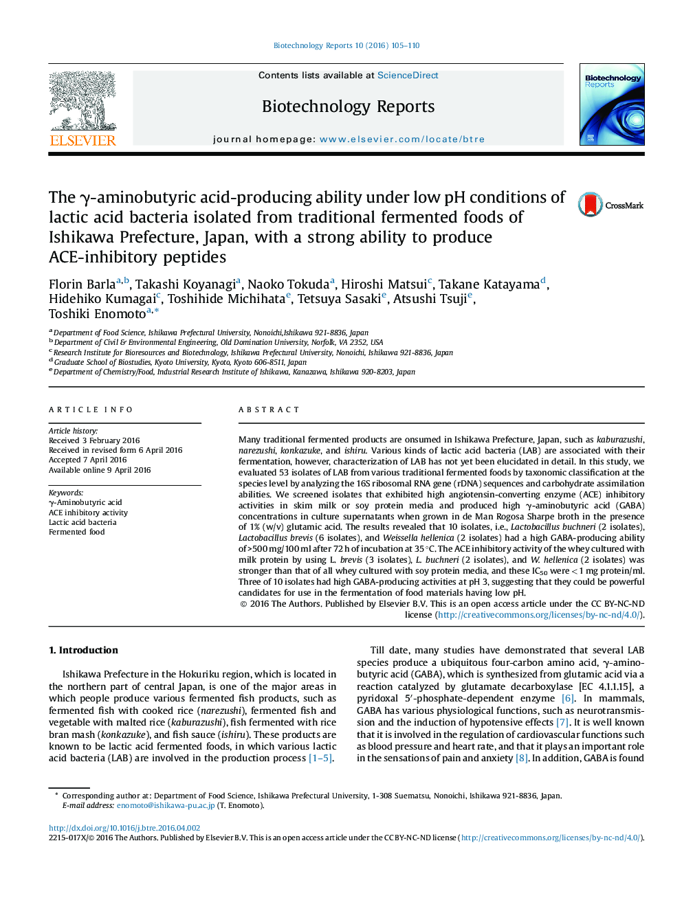 The γ-aminobutyric acid-producing ability under low pH conditions of lactic acid bacteria isolated from traditional fermented foods of Ishikawa Prefecture, Japan, with a strong ability to produce ACE-inhibitory peptides