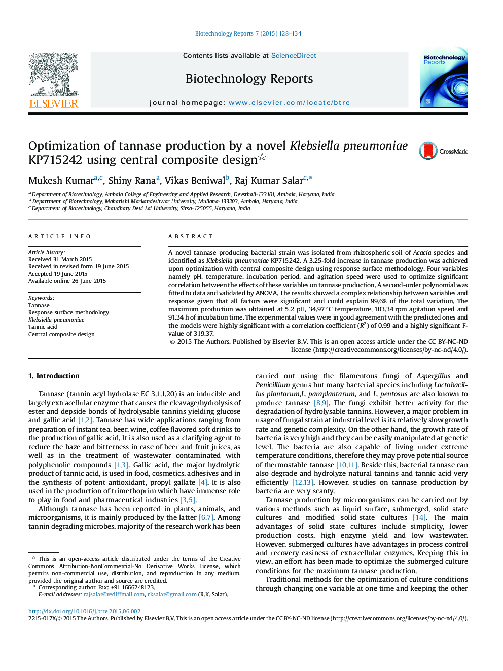 Optimization of tannase production by a novel Klebsiella pneumoniae KP715242 using central composite design 