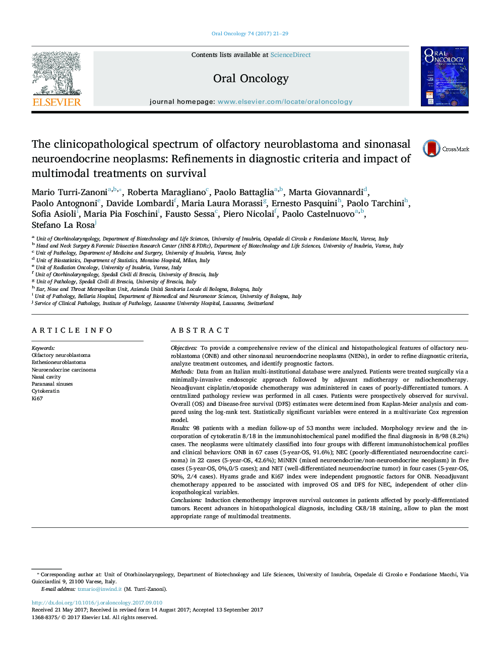 طیف کلینیکوپاتولوژیک نوروبلاستوم بویایی و نئوپلاسم های نوروندوکرین سینوسونال: اصلاح در معیارهای تشخیصی و تأثیر درمان های متداول در بقاء 