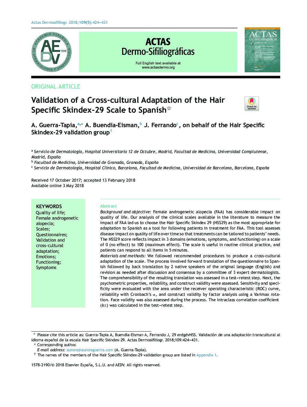 Validation of a Cross-cultural Adaptation of the Hair Specific Skindex-29 Scale to Spanish