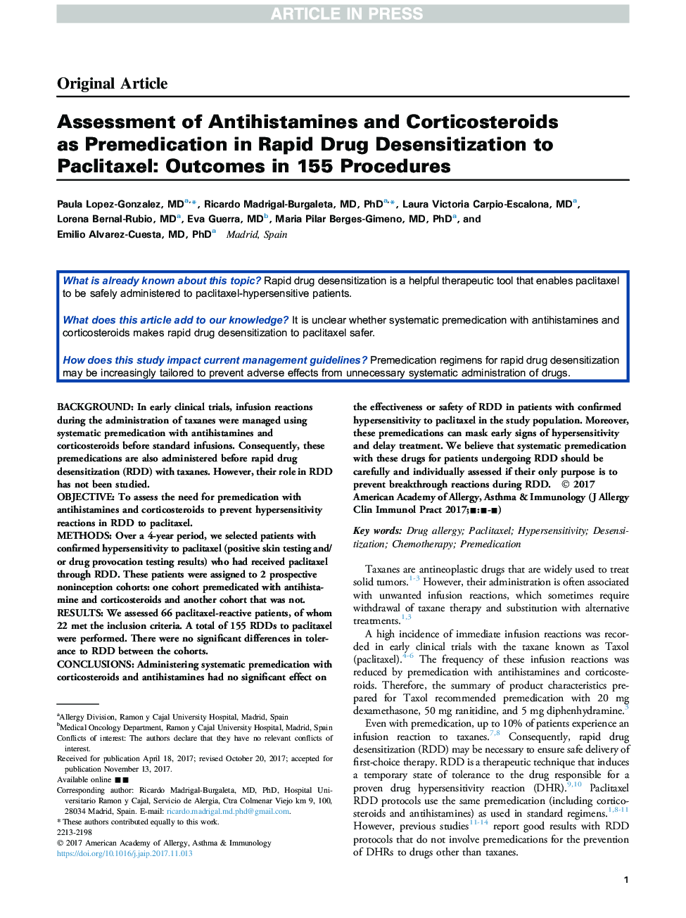 ارزیابی آنتی هیستامین ها و کورتیکواستروئیدها به عنوان پیش دارو در کاهش حساسیت به مواد مخدر به پلاکتکسل: نتایج در 155 روش 