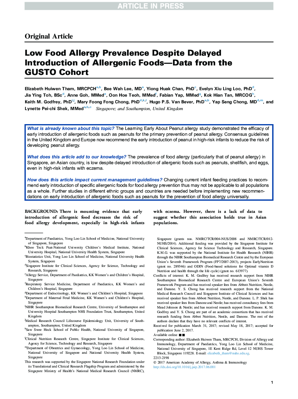 Low Food Allergy Prevalence Despite Delayed Introduction of Allergenic Foods-Data from the GUSTO Cohort