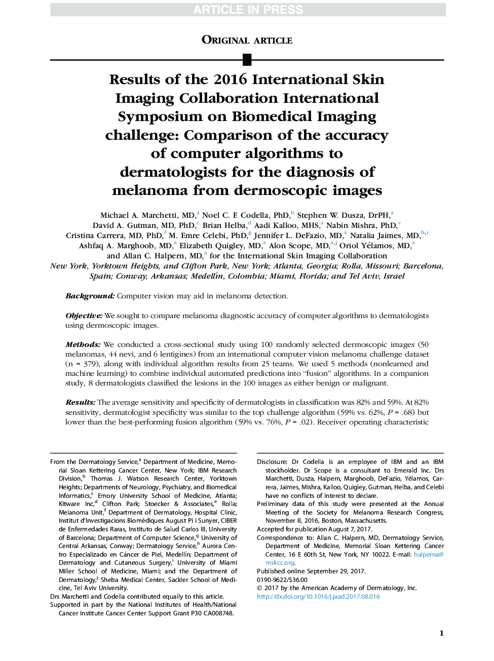 نتایج همایش بین المللی همکاری تصویربرداری پوست 2016 در چالش تصویربرداری بیومدیکال: مقایسه دقت الگوریتم های کامپیوتری برای متخصصین پوست برای تشخیص ملانوما از تصاویر درماتوسکوپی 