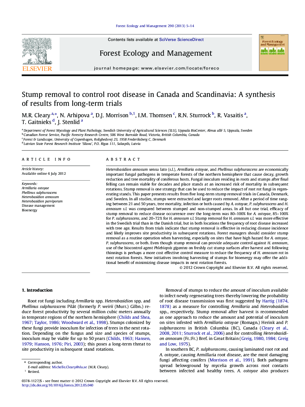 Stump removal to control root disease in Canada and Scandinavia: A synthesis of results from long-term trials