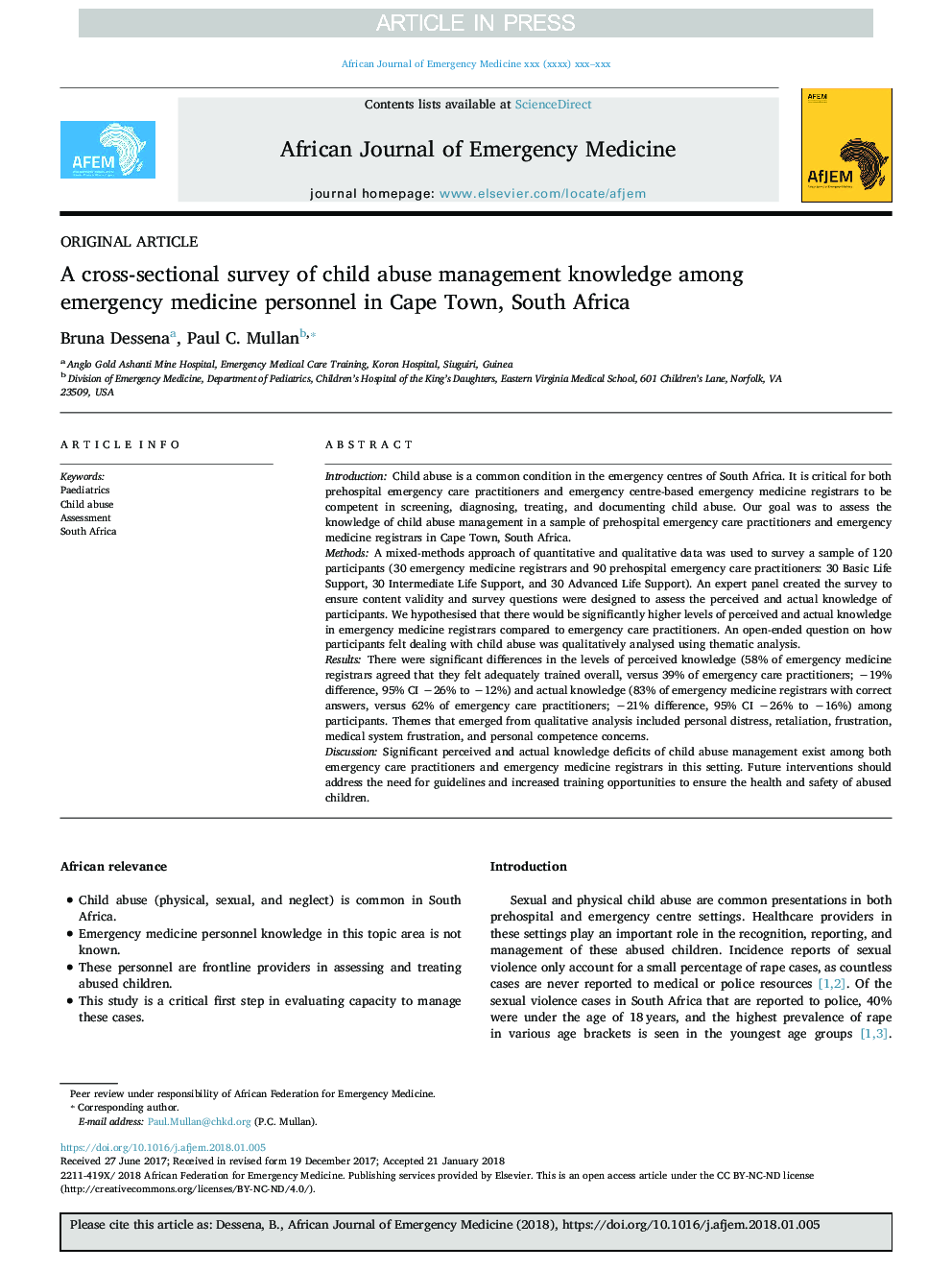 یک بررسی مقطعی از دانش مدیریت مدرسه کودکان در میان پرسنل اورژانس پزشکی در کیپ تاون، آفریقای جنوبی 