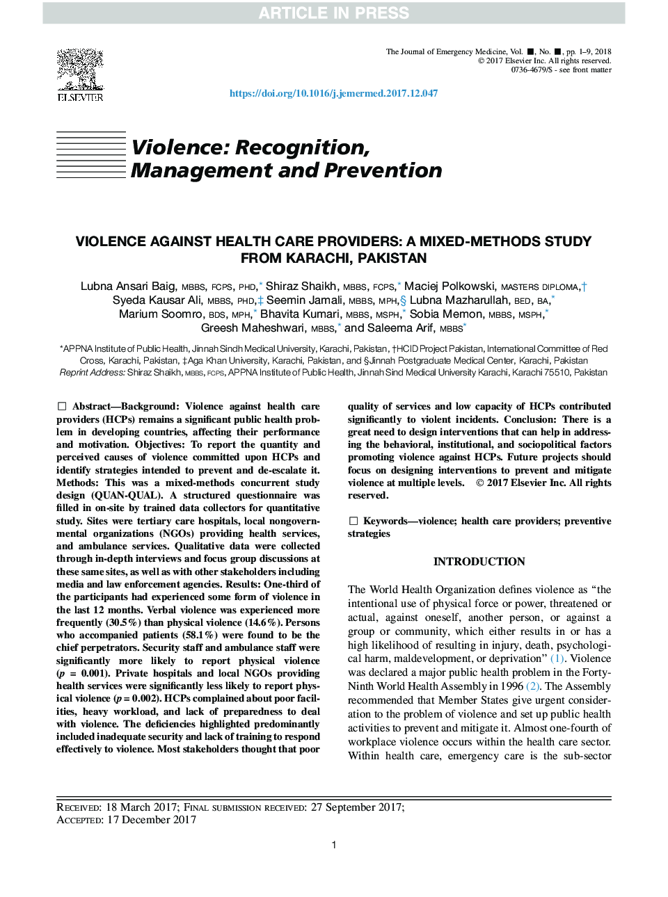 خشونت علیه ارائه دهندگان مراقبت های بهداشتی: مطالعه ی ترکیبی از کراچی در پاکستان 