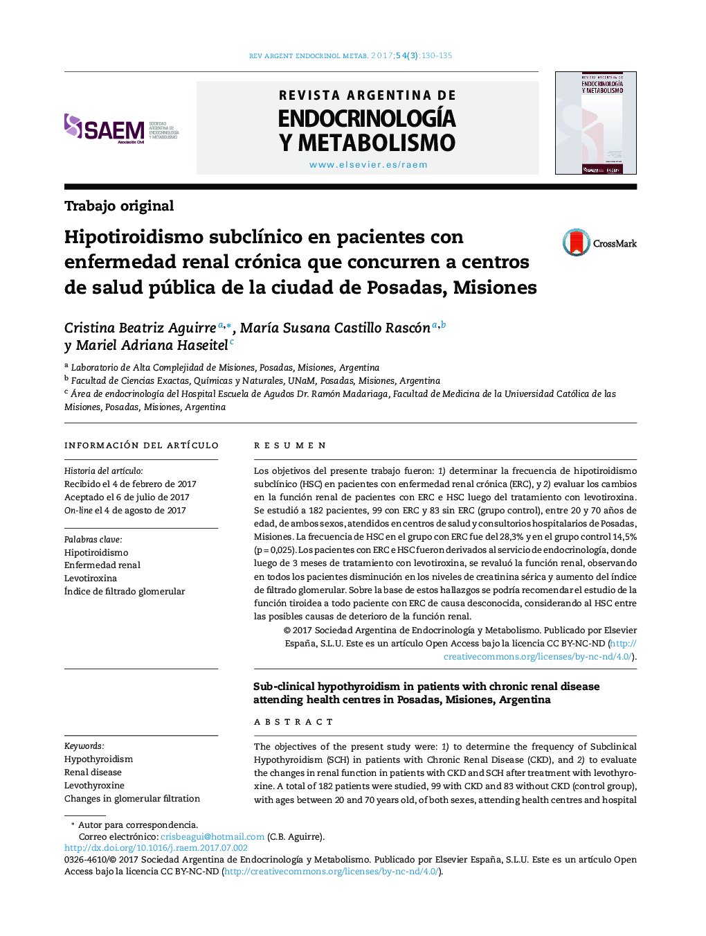 Hipotiroidismo subclÃ­nico en pacientes con enfermedad renal crónica que concurren a centros de salud pública de la ciudad de Posadas, Misiones