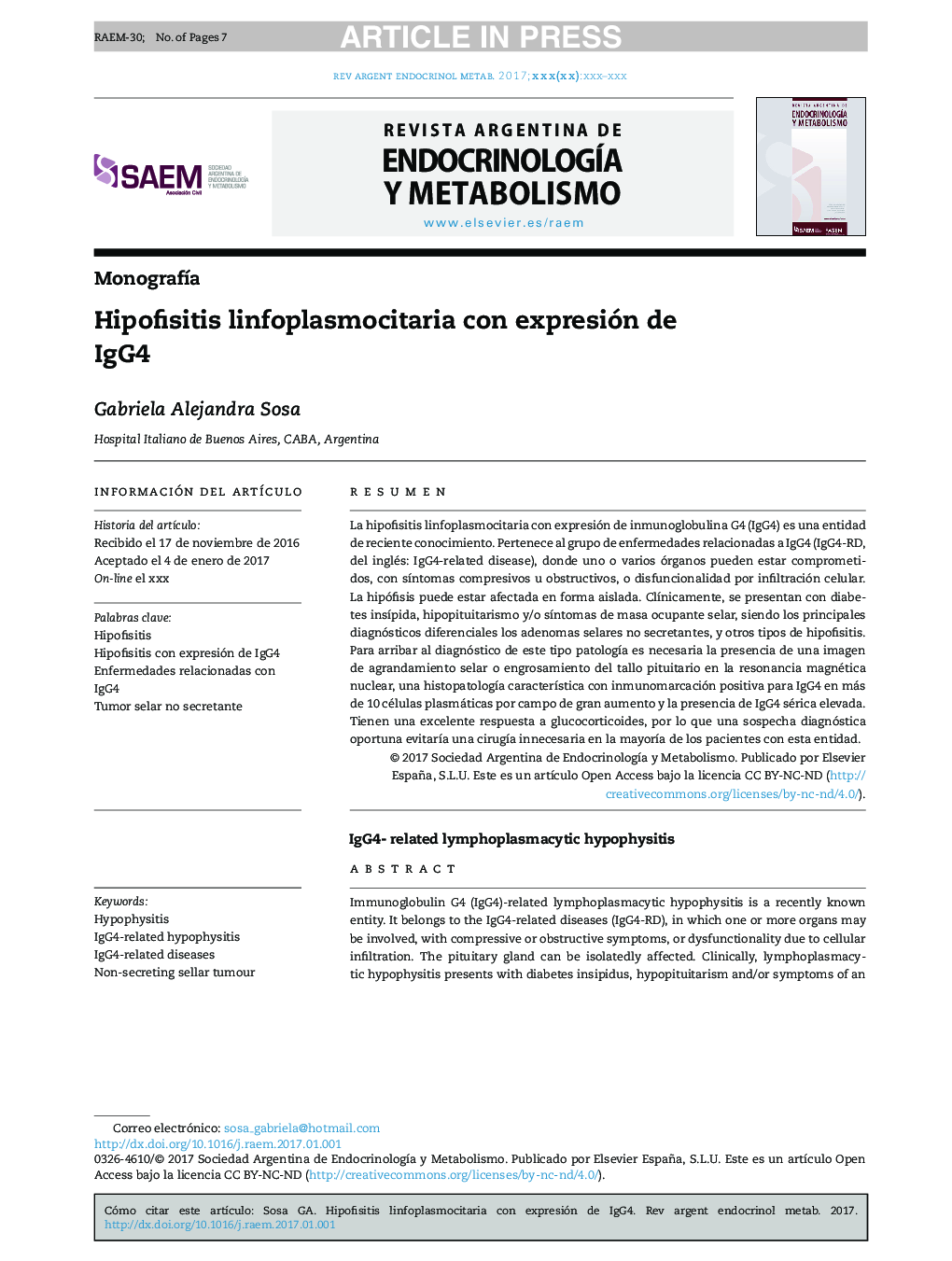 Hipofisitis linfoplasmocitaria con expresión de IgG4