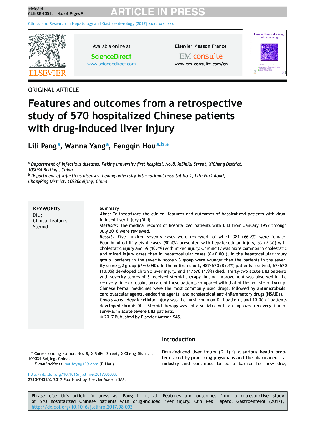 Features and outcomes from a retrospective study of 570Â hospitalized Chinese patients with drug-induced liver injury