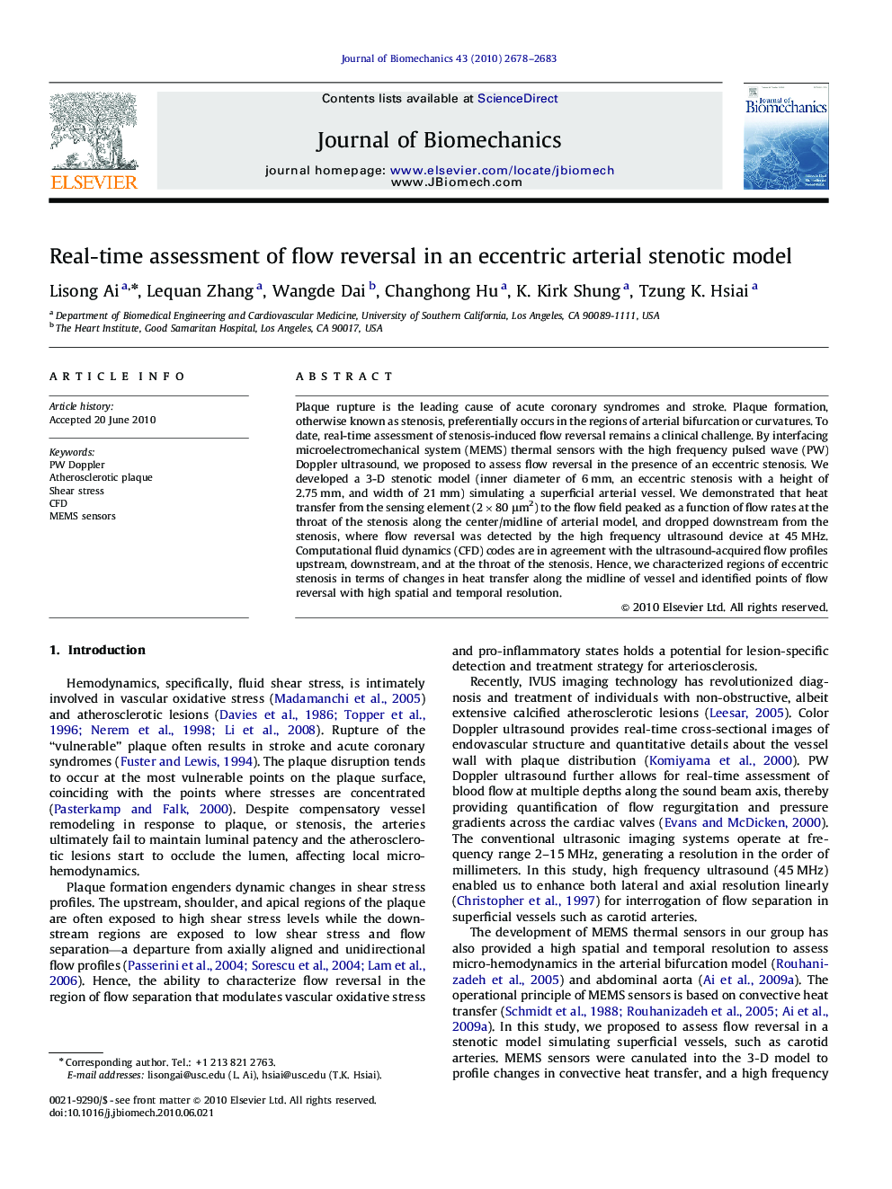 Real-time assessment of flow reversal in an eccentric arterial stenotic model