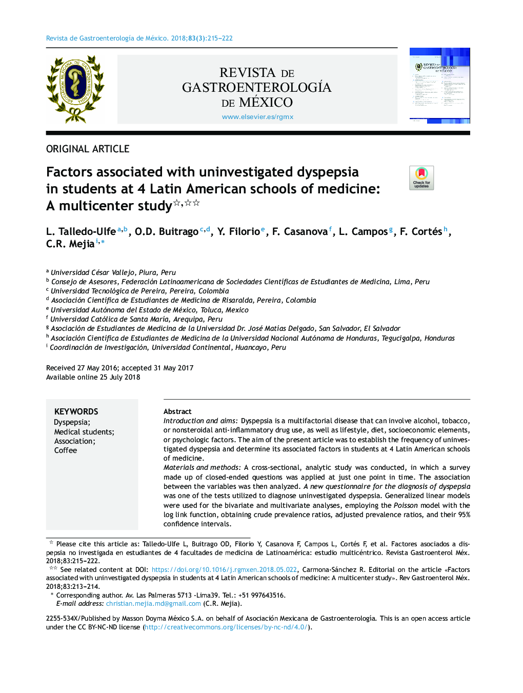 عوامل مرتبط با دیسپپسی ناشناخته در دانش آموزان 4 دانشکده پزشکی آمریکای لاتین: مطالعه چند مرکزی 