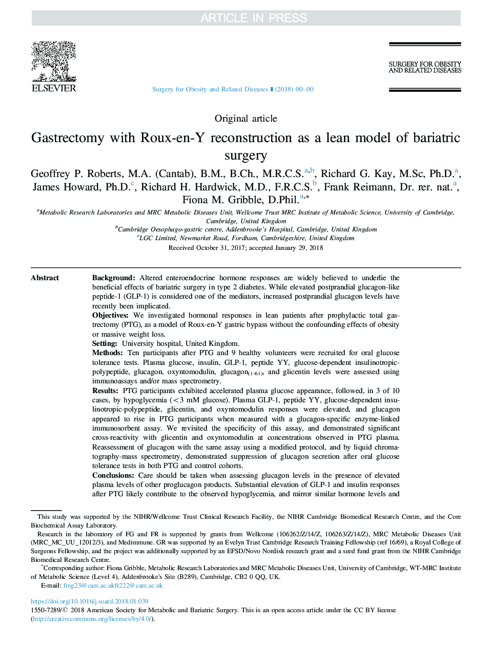 Gastrectomy with Roux-en-Y reconstruction as a lean model of bariatric surgery