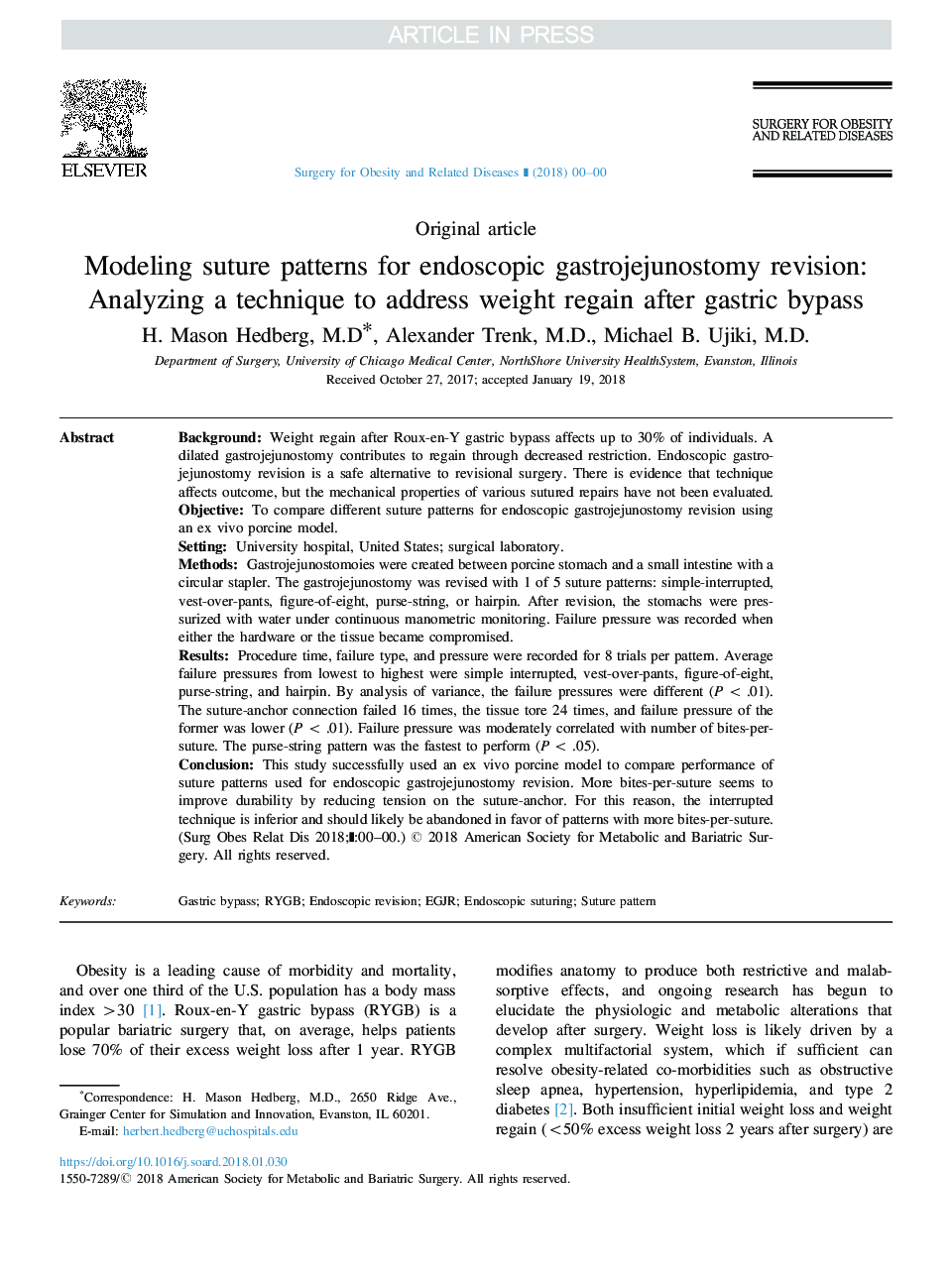 Modeling suture patterns for endoscopic gastrojejunostomy revision: Analyzing a technique to address weight regain after gastric bypass
