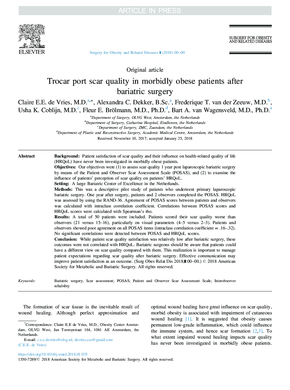 Trocar port scar quality in morbidly obese patients after bariatric surgery