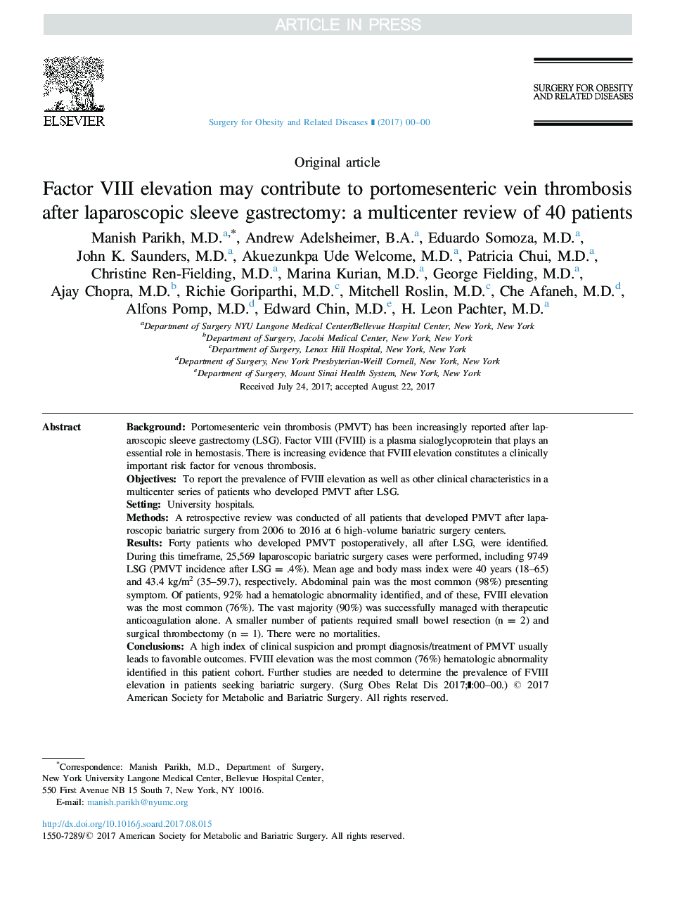 Factor VIII elevation may contribute to portomesenteric vein thrombosis after laparoscopic sleeve gastrectomy: a multicenter review of 40 patients