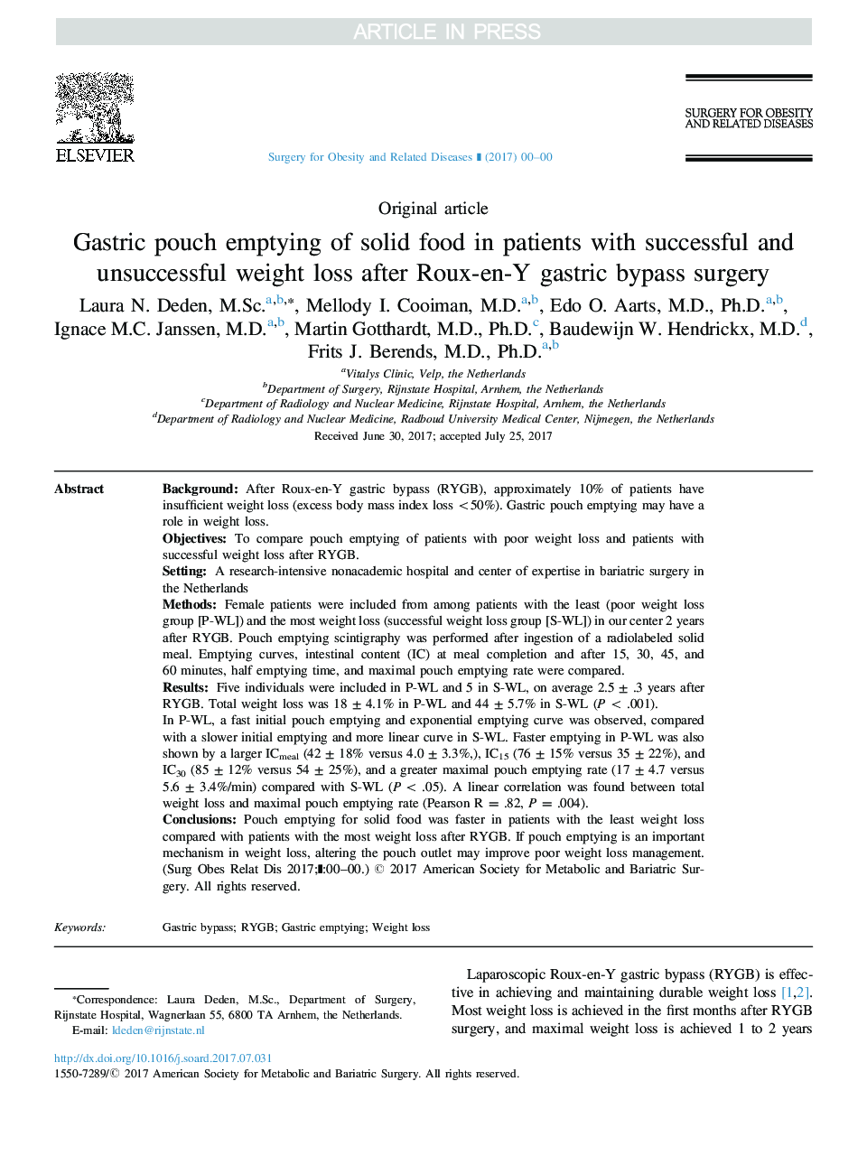 Gastric pouch emptying of solid food in patients with successful and unsuccessful weight loss after Roux-en-Y gastric bypass surgery