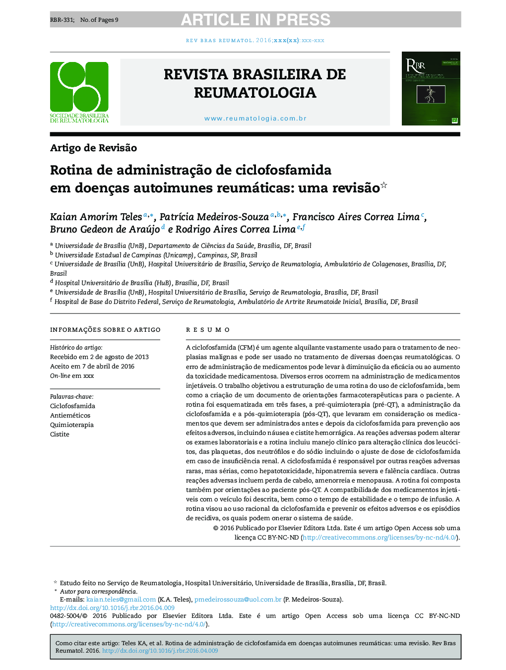 Rotina de administraçÃ£o de ciclofosfamida em doenças autoimunes reumáticas: uma revisÃ£o