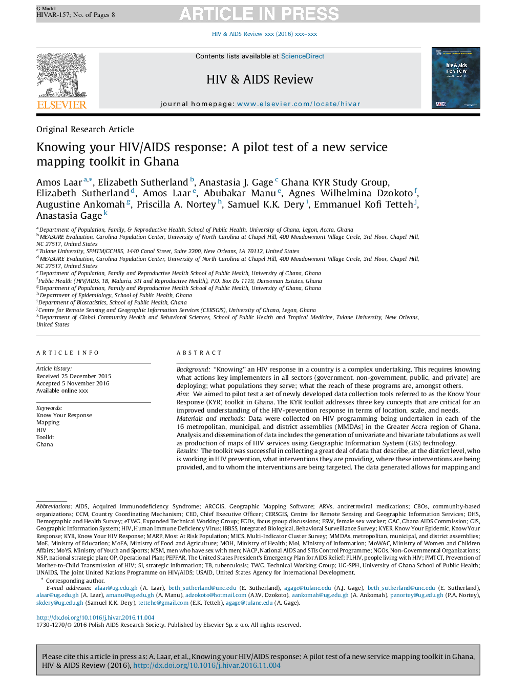 Knowing your HIV/AIDS response: A pilot test of a new service mapping toolkit in Ghana