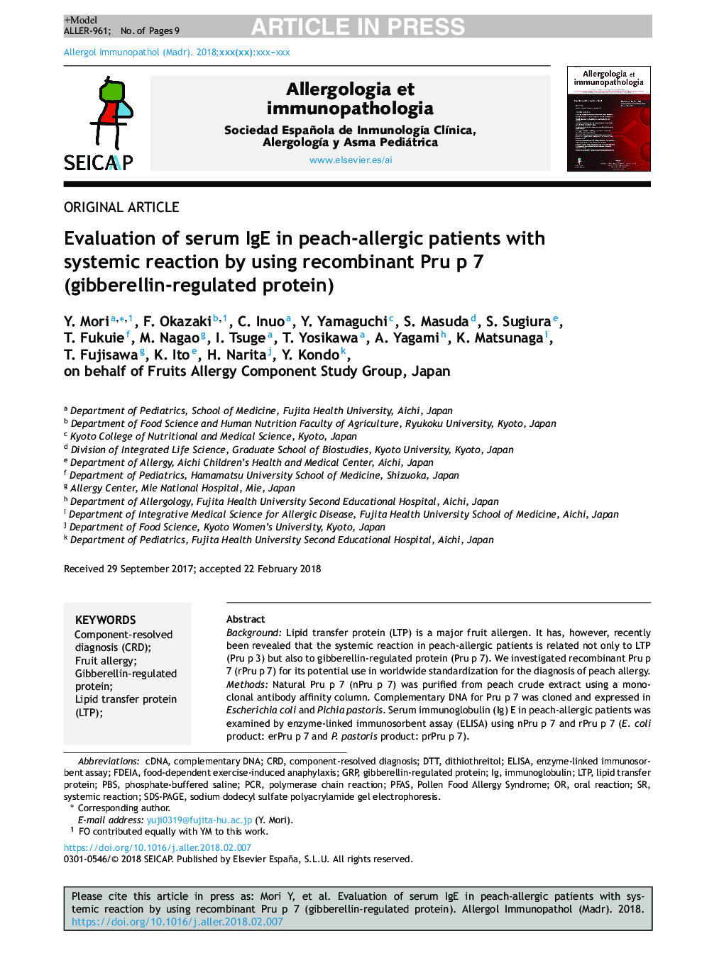 Evaluation of serum IgE in peach-allergic patients with systemic reaction by using recombinant Pru p 7 (gibberellin-regulated protein)