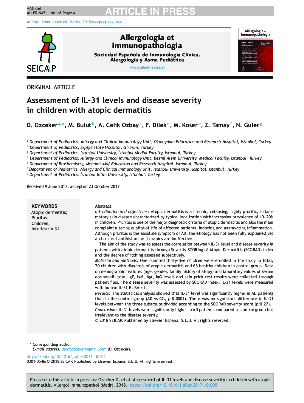 Assessment of IL-31 levels and disease severity in children with atopic dermatitis