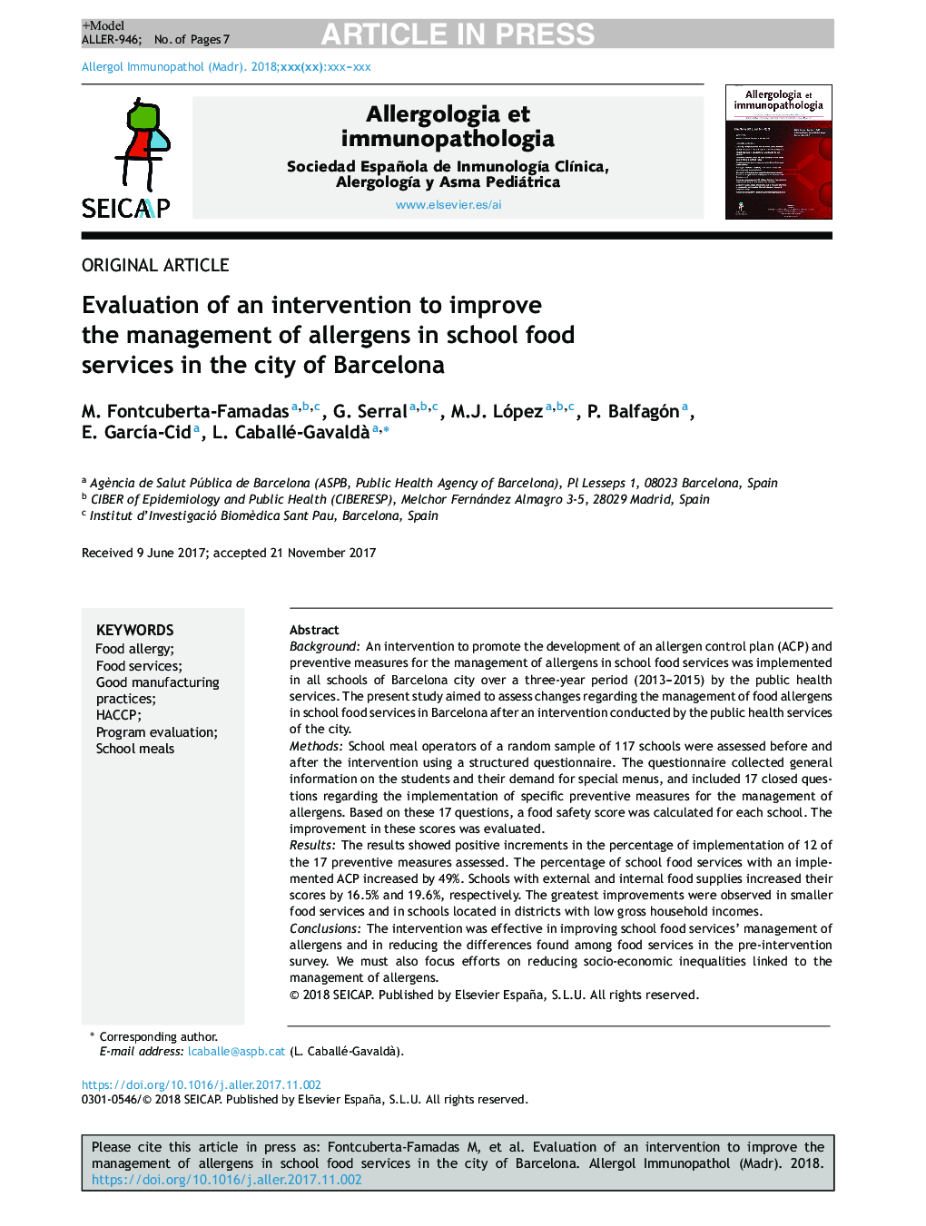 ارزیابی مداخلات برای بهبود مدیریت آلرژن ها در خدمات غذایی مدرسه در شهر بارسلونا 