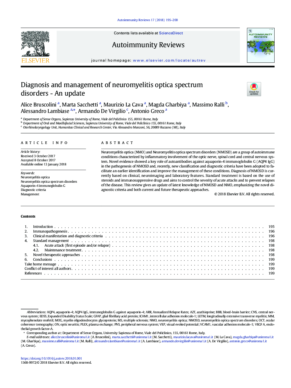 Diagnosis and management of neuromyelitis optica spectrum disorders - An update