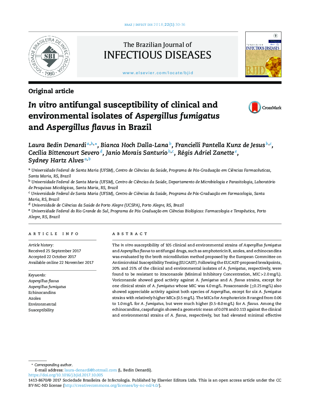 In vitro antifungal susceptibility of clinical and environmental isolates of Aspergillus fumigatus and Aspergillus flavus in Brazil