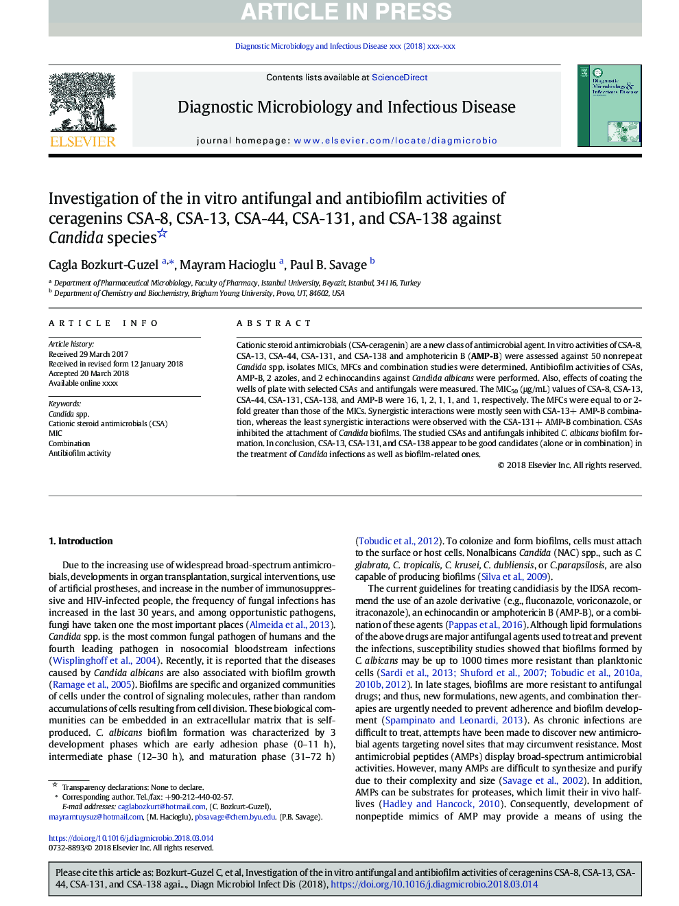 Investigation of the in vitro antifungal and antibiofilm activities of ceragenins CSA-8, CSA-13, CSA-44, CSA-131, and CSA-138 against Candida species